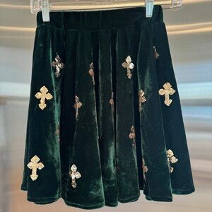 Like New Romwe Green Velvet Sequin Crossed Mini Skater Flare Skirt